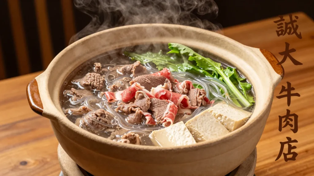 台中南屯誠大牛肉店的台式牛肉爐，砂鍋湯頭滾沸、新鮮牛肉與蔬菜熱氣蒸騰