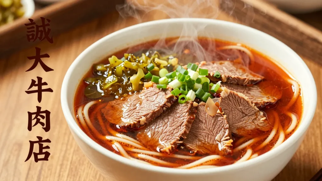 台中南屯誠大牛肉店的牛肉麵，紅燒湯頭、大塊牛肉與Q彈麵條熱氣蒸騰