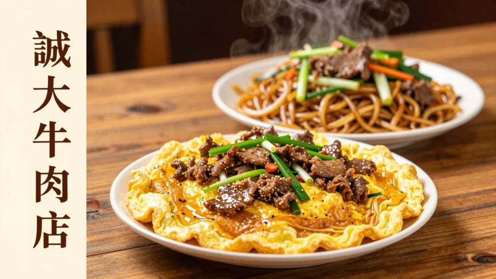 台中南屯誠大牛肉店的熱炒晚餐，麻辣牛烘蛋、炒飯與鑊氣炒麵熱氣蒸騰上桌