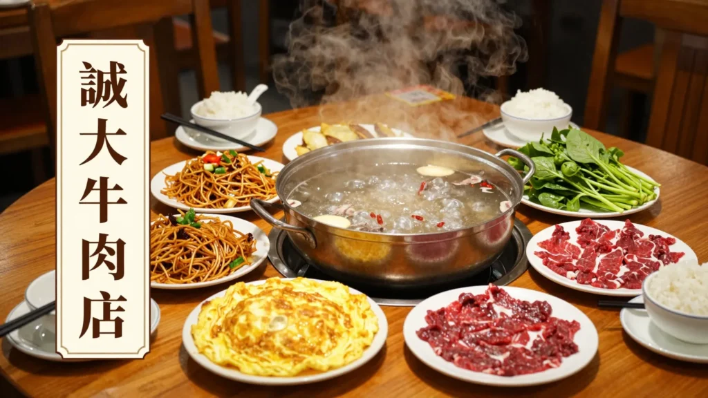 台中南屯誠大牛肉店的聚餐桌，牛肉爐搭配熱炒炒麵烘蛋與白飯，一桌人分食熱鬧上桌