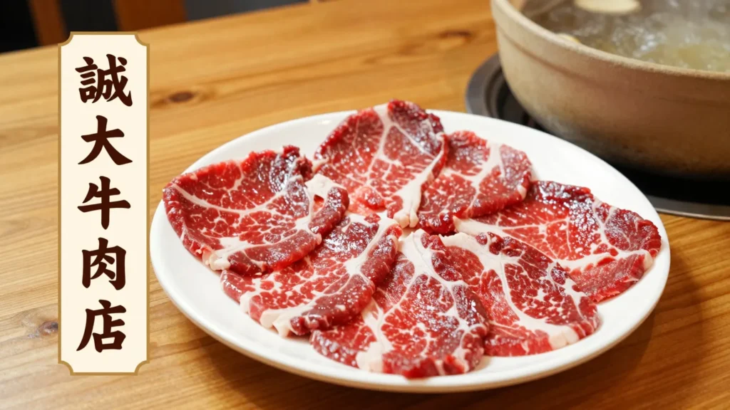 台中南屯誠大牛肉店的新鮮牛肉，色澤紅潤油花分明，一盤新鮮牛肉準備下鍋涮牛肉爐